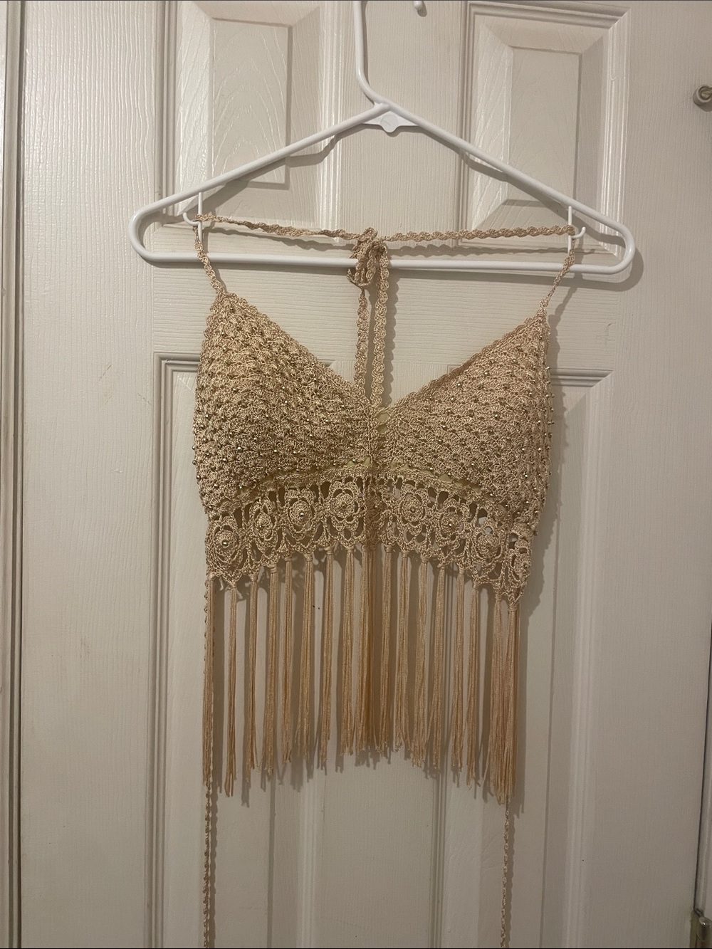 Crochet Fringe Crop Top - Beige